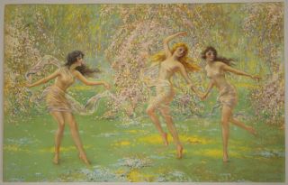 Vintage 1920s F.  W.  Read Ethereal Fine Art Pin - Up Print Lithograph Forest Nymphs