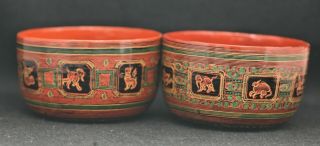 Two Vintage Burmese Handmade Hand Painted Papier Mache Lacquer Bowls C 1960s