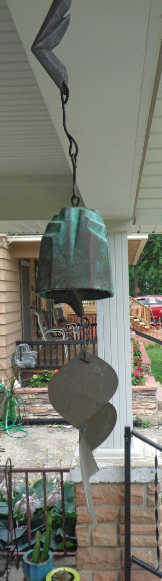 Vintage 24 " Bronze Wind Chime Bell With Top And Bottom Hammered Art