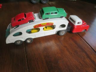 Vintage Tin Deluxe Auto Transport Truck And 4 Cars Japan Truck 12 X 2 1/2 X 3 "