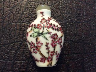 Very Old Asian Porcelain Snuff Bottle With Hand Painted Cherry Blossoms