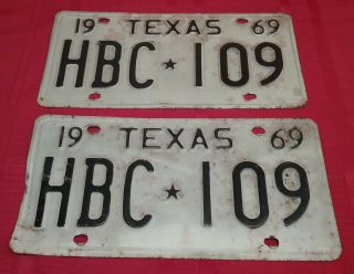(2) 1969 Texas License Plates,  Pair,  Hbc - 109,  White W/ Black Lettering; Hot Rod