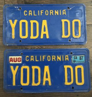 Pair Vintage California Blue Yellow License Plates Vanity - Yoda Star Wars Fan