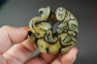 Chinese Old Jade Carved Elephant/people Pendant Amulet C1