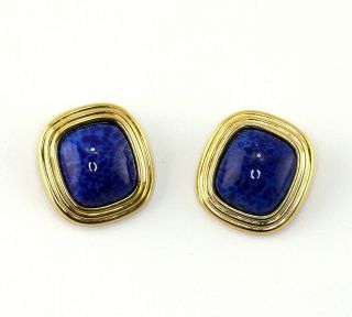 Vintage Signed Christian Dior Gold Tone Finish Faux Lapis Lazuli Clip Earrings