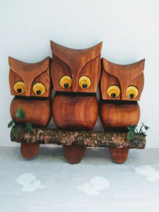 Vintage Retro Kitsch Green Mountain Wood Owl Wall Hanging Trout Creek Mt
