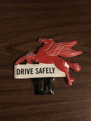 Mobil Pegasus License Plate Topper Drive Safely Tin Sign