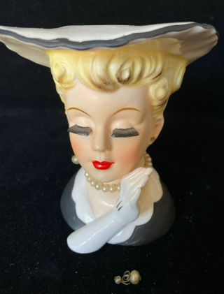 Lady Head Vase Vintage Black Dress Hat Blonde Pearls A5046 Napco White Gloves