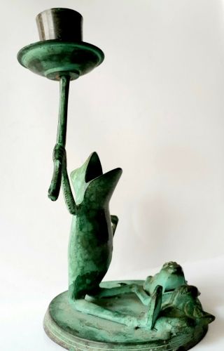 Vintage Bronze Green Patina 3 Frog Lily Pad Candle Holder India 7 "