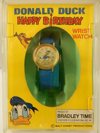 Donald Duck Happy Birthday Wristwatch Vintage Bradley Wind Up Disney Mib