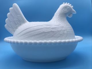 Vintage Indiana White Milk Glass Chicken Hen On Nest Covered Bowl Candy Dish