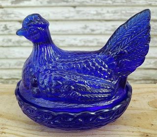 Vintage Cobalt Blue Glass Hen On Nest Basket Weave L E Smith