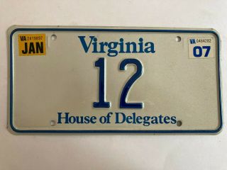2007 Virginia License Plate House Of Delegates Political Low Number Digit 12