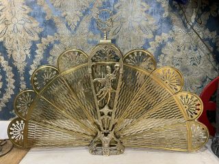 Vintage Ornate Brass Peacock Style Folding Fan Fireplace Screen Art Deco