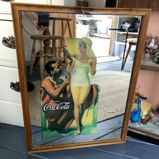 Large Vintage Coca Cola Advertising Mirror 1950’s Style Beach Swimsuits Bar Pub