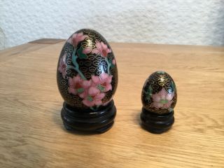 Vintage Cloisonne Enamel Asian Floral Design Hand Made Metal Eggs On Wood Stands