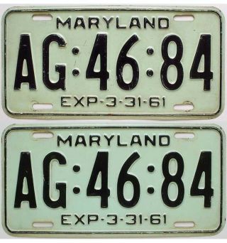 Vintage Maryland 1961 License Plate Pair,  Ag 46 84,  Quality