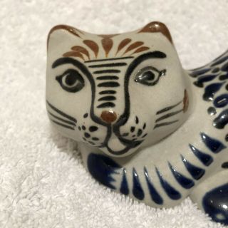White w/Blue Glaze Tonala Ceramic Cat Figurine Elevated Butt.  From Mexico. 2