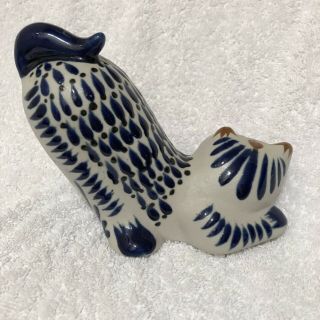 White w/Blue Glaze Tonala Ceramic Cat Figurine Elevated Butt.  From Mexico. 3