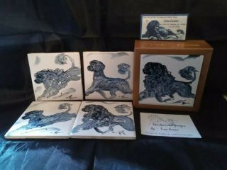4 Ceramic Portuguese Water Dog Ceramic Coaster Tiles And Tile Box By Tina Evans