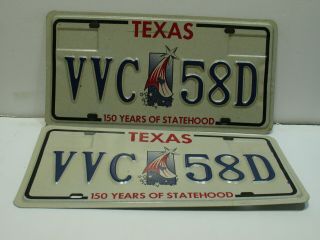 1996 Texas License Plate Vvc 58d 150 Years Of Statehood Pair Vintage As671