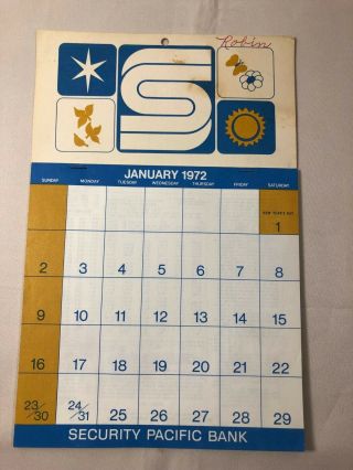 Vintage Security Pacific Bank 1972 Monthly Advertisement Calendar