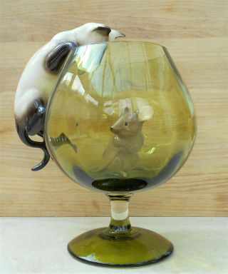 Vintage Beswick Climbing Siamese Cat (1677) & Brown Mouse (1678) & Brandy Glass.