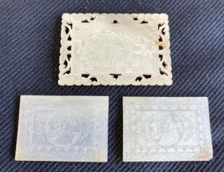 Chinese Rectangular Figural Mother Of Pearl 3 Gaming Counters Vintage Intricate