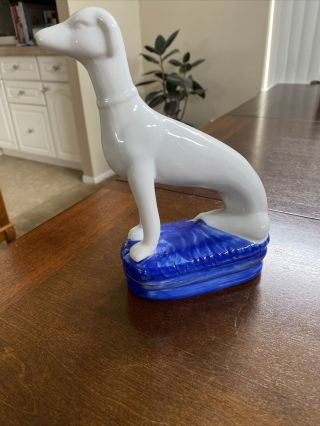 Vintage Porcelian White Greyhound Dog On Blue Base 7.  5”