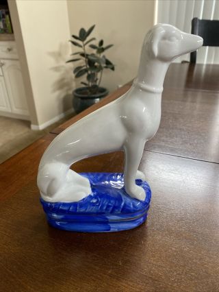 Vintage Porcelian White Greyhound Dog on Blue Base 7.  5” 3