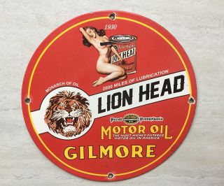 Vintage Gilmore Lion Head Gasoline Porcelain Sign 12” Gas & Oil Sign Mancave