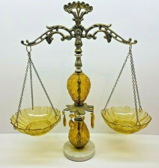Vintage Marble,  Amber Glass & Brass Scales Of Justice Balancing Scale Italy