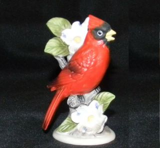 Ardco Red Cardinal Porcelain Figurine Red Bird On Branch & Flowers Vintage Japan