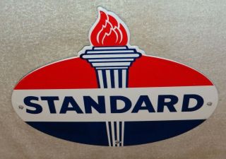 Vintage " Standard Gas Torch & Flame " 11 3/4 " Porcelain Metal Gasoline & Oil Sign