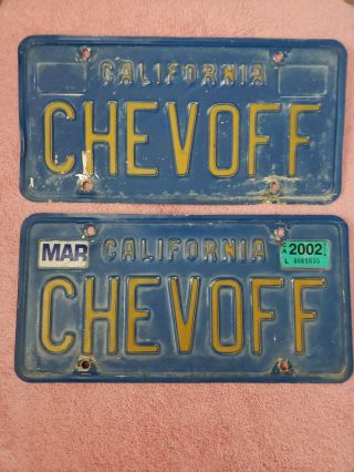 Vtg Blue Yellow California Personalized Vanity License Plates " Chevoff "
