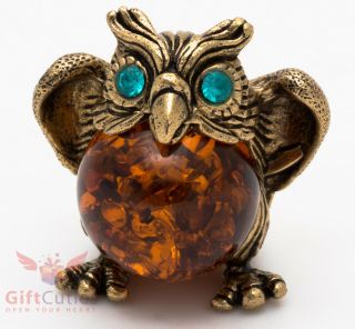 Solid Brass Amber Figurine Of Bird Owl Talisman Ironwork