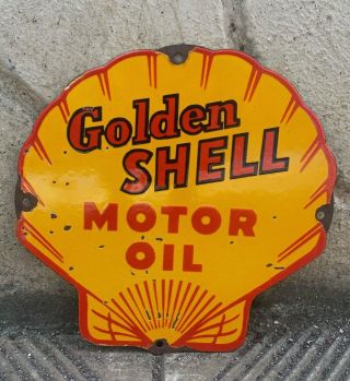 Vintage " Golden Shell " Motor Oils Porcelain Enamel Sign 12 " X12 "