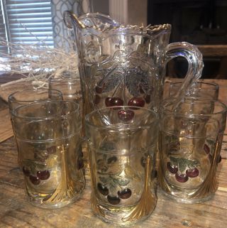 Vintage Mosser Glass Northwood Cherry & Cable Lemonade Set Pitcher & 6 Cups Euc