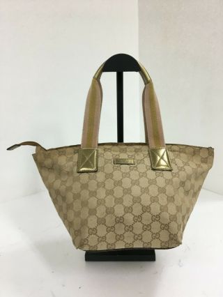 Authentic Vintage Gucci Gg Monogram Canvas Brown Gold Leather Hand Tote Bag
