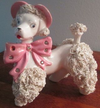 Large Vintage Ceramic Poodle With Spaghetti Trim - Pink Bonnet/bow -