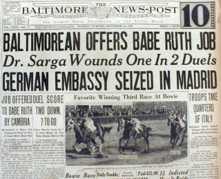 1936 Headline Newspaper Babe Ruth Is Offered A Job By A Baltimore Maryland Man