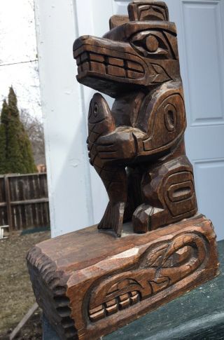 Vintage Northwest Coast Indian Hand Carved Totem Pole Bear Salmon Figure Haida