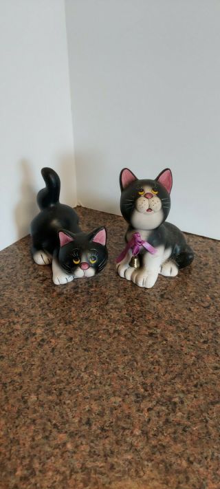 2 Cat - Kitten Figurines Black White Cartoon Style Ceramic - Porcelain Hand Painted