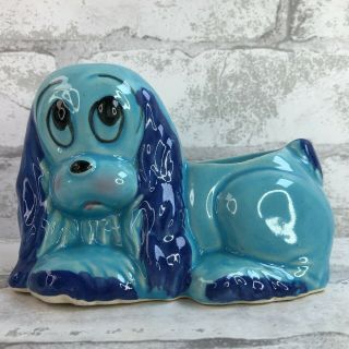 Vintage Sad Big Eye Dog Planter Figurine Blue Hand Painted Ceramic Cute Puppy