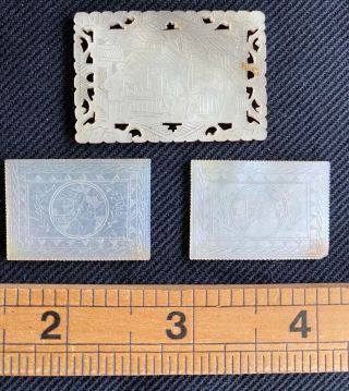 Chinese Oblong Figural Mother Of Pearl 3 Gaming Counters Vintage Intricate