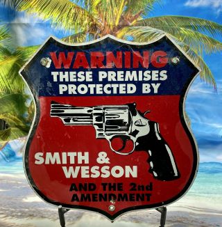 Vintage Porcelain Smith & Wesson Arms Ammo Sign 12 Inch Garage Sign