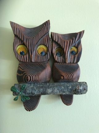 Vtg Mid Century Cryptomeria Carved Wood Owls On Branch Witco Style
