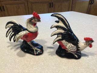 Vintage Rooster And Hen Figurines Black/white Ceramic Made In Japan