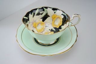Vintage Paragon Green Double Warrant Black Tea Cup & Saucer W/ Daffodils