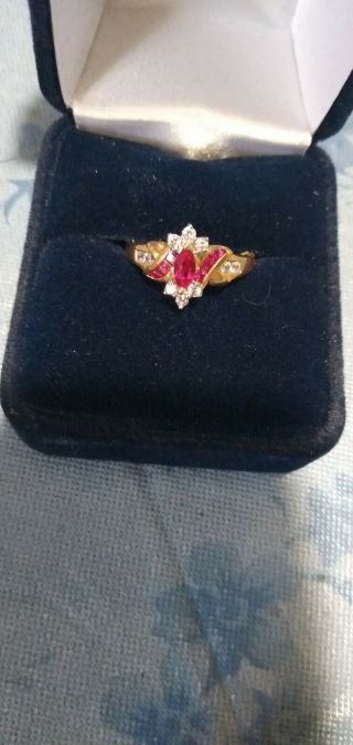 Vintage Estate Rubys & Diamonds 10 Karat Yellow Gold Ladies Ring